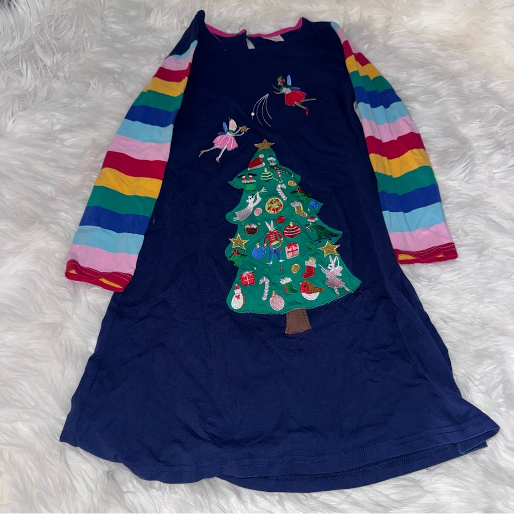 Colorful Striped Sleeve Dress with Christmas Tree Design